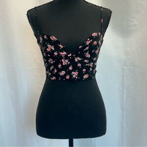Zara black pink flower floral print spaghetti strap bustier corset crop top L